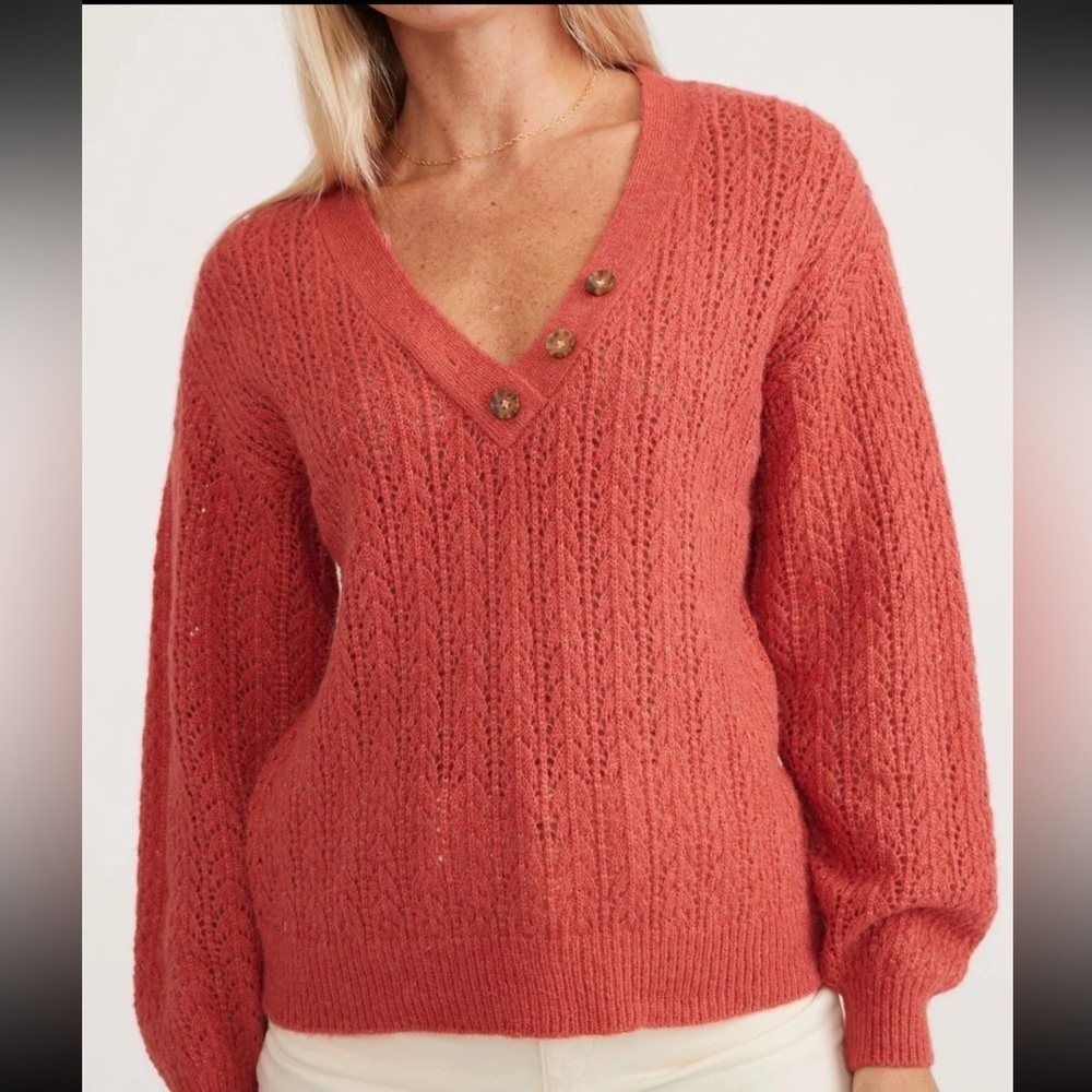 Marine Layer Womens XL Evelyn Pointelle Sweater in Mineral Red V Neck Knit